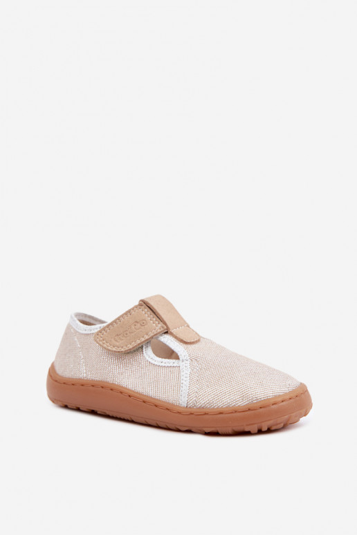 Bērnu čības ar lipīgām aizdares un spīdumu Barefoot Froddo Canvas G1700439-3 zelta krāsā