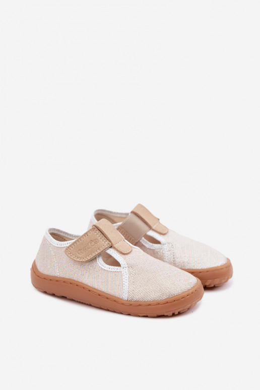 Bērnu čības ar lipīgām aizdares un spīdumu Barefoot Froddo Canvas G1700439-3 zelta krāsā