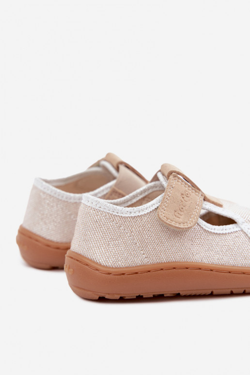 Bērnu čības ar lipīgām aizdares un spīdumu Barefoot Froddo Canvas G1700439-3 zelta krāsā