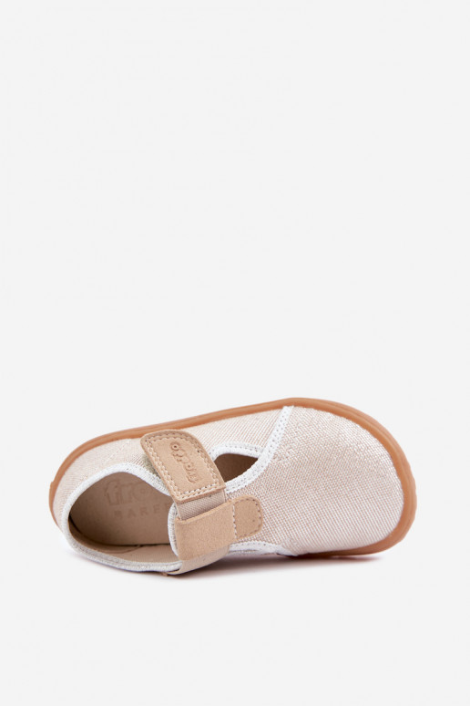Bērnu čības ar lipīgām aizdares un spīdumu Barefoot Froddo Canvas G1700439-3 zelta krāsā