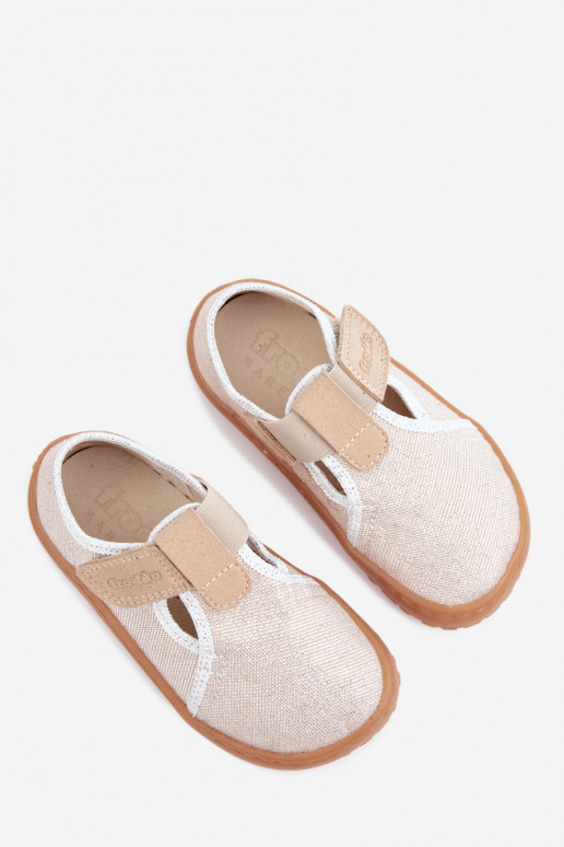 Bērnu čības ar lipīgām aizdares un spīdumu Barefoot Froddo Canvas G1700439-3 zelta krāsā