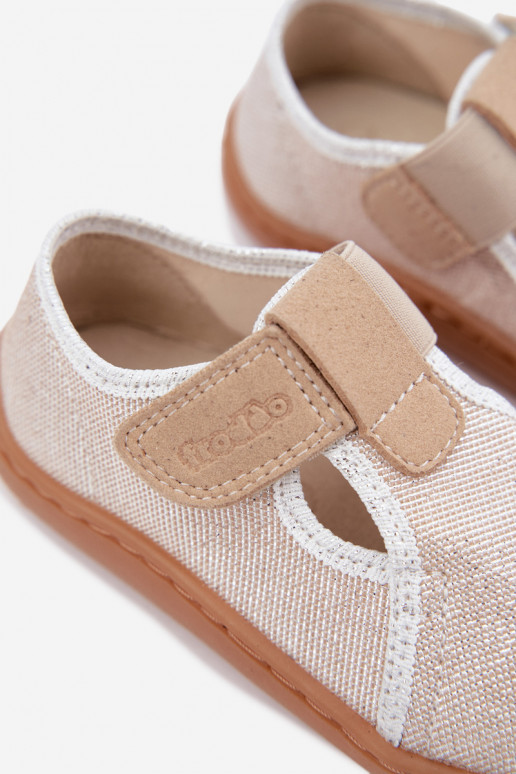 Bērnu čības ar lipīgām aizdares un spīdumu Barefoot Froddo Canvas G1700439-3 zelta krāsā