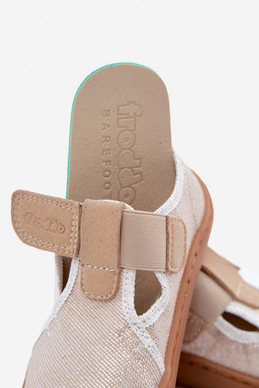 Bērnu čības ar lipīgām aizdares un spīdumu Barefoot Froddo Canvas G1700439-3 zelta krāsā