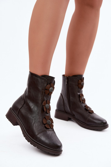 Sieviešu potītes zābaki ar platām papēžiem un ziedu motīviem šokolādes krāsā 2