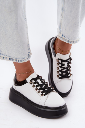 Melnas un baltas ādas sneakers ar kniedēm Artiker 55C0401