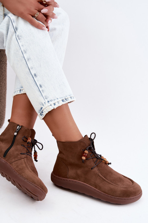 Sieviešu siltie Barefoot zābaki ar pērlītēm Zazoo 30078 brūnā krāsā