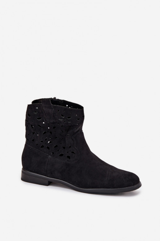 Sieviešu potītes zābaki ar izgriezumiem un platām papēžiem melnā mākslīgā zamšā Athera
