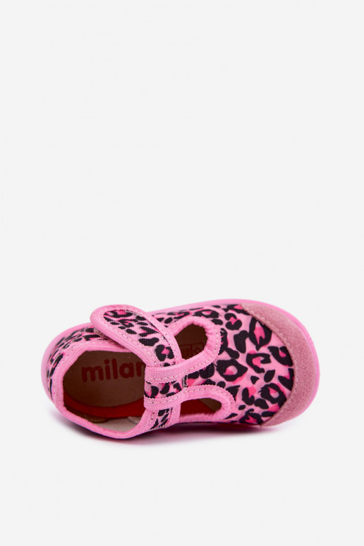 Elastīgas bērnu čības Milami ar lipīgām aizdares un leoparda rakstiem rozā Ambette