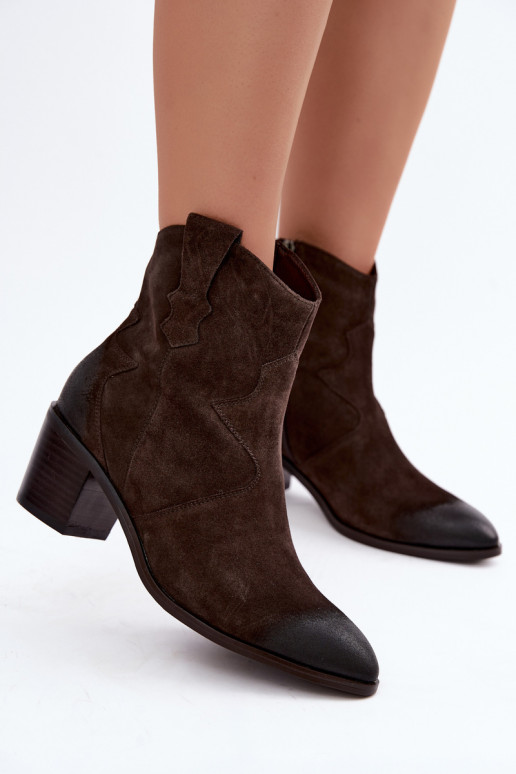 Ādas zamša siltināti zābaki cowboy stila D&A CR62-3395 tumši brūnā krāsā