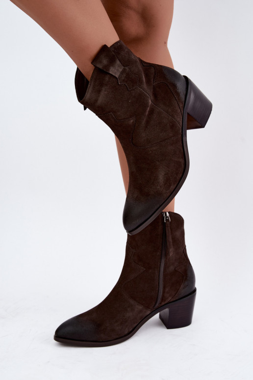 Ādas zamša siltināti zābaki cowboy stila D&A CR62-3395 tumši brūnā krāsā
