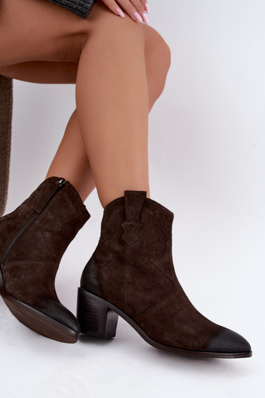 Ādas zamša siltināti zābaki cowboy stila D&A CR62-3395 tumši brūnā krāsā