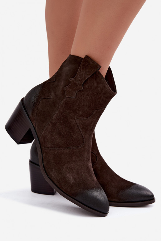Ādas zamša siltināti zābaki cowboy stila D&A CR62-3395 tumši brūnā krāsā