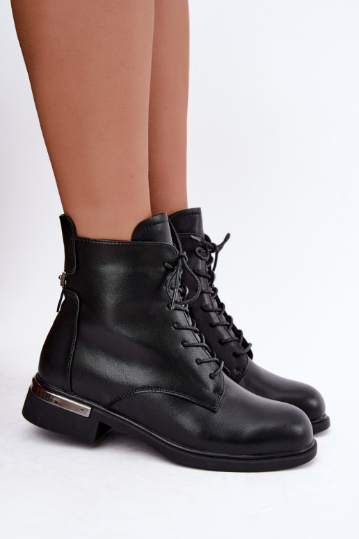 Ādas siltināti potītes zābaki ar platām papēžiem melnā krāsā Vinceza 86450