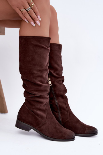Kreklu augstās zābaki ar plašiem papēžiem šokolādes krāsā Vinceza 58669