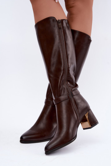 siltināti garie zābaki ar papēžiem un dekorētiem papēžiem šokolādes krāsā Senvia 2