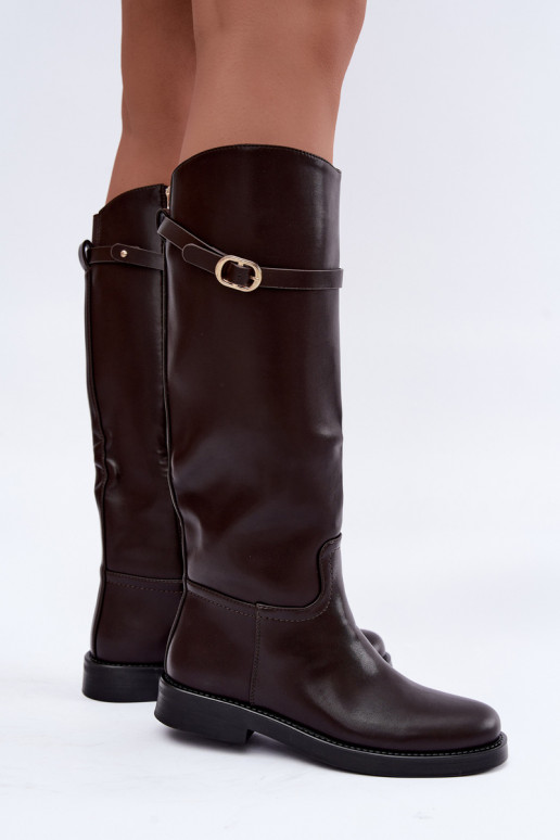 Sieviešu garinās zābaki ar platām papēžiem un siksnām ar sprādzēm šokolādes krāsā Sylvena