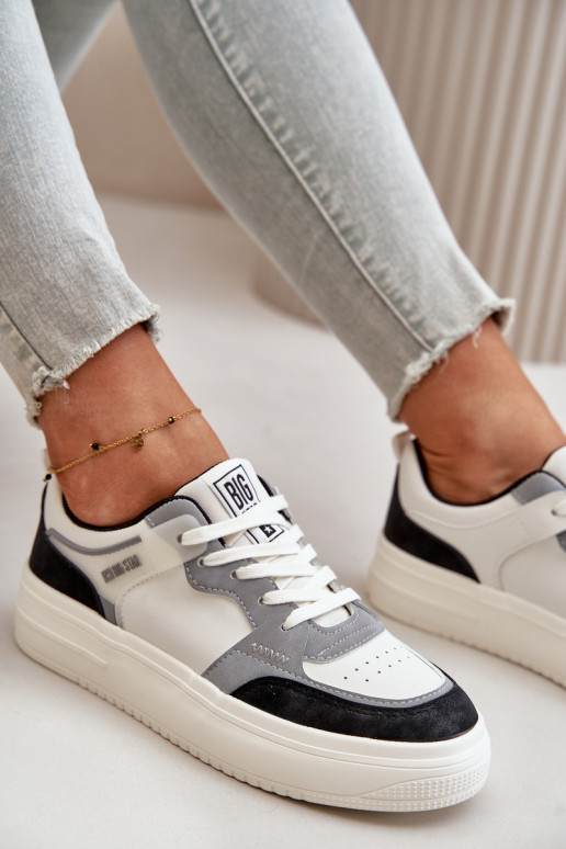 Sieviešu zemais Sneakers modeļa apavi no eko ādas Big Star OO274028 Baltas-Pelēkas krāsas