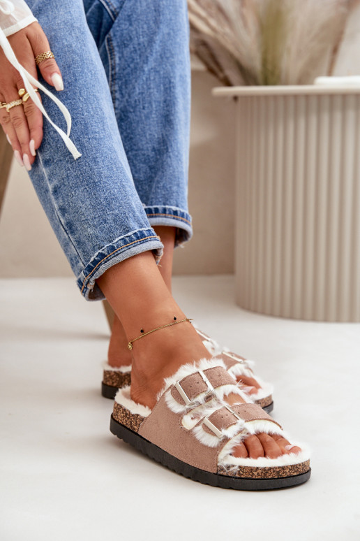 Sieviešu Čības Čības ar sprādzēm Un Kažokādas smilšu krāsas Ezilena