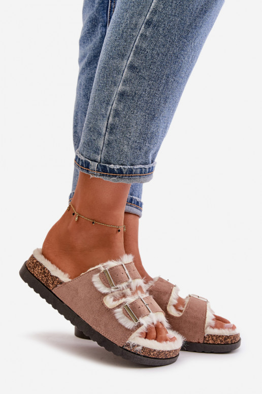 Sieviešu Čības Čības ar sprādzēm Un Kažokādas smilšu krāsas Ezilena