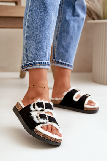 Sieviešu Čības Čības ar sprādzēm Un Kažokādas melnas krāsas Ezilena