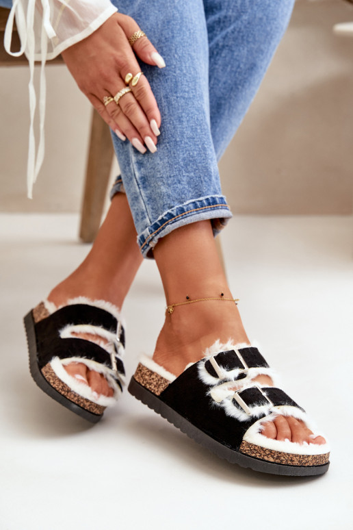 Sieviešu Čības Čības ar sprādzēm Un Kažokādas melnas krāsas Ezilena