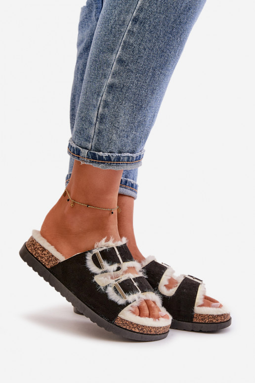 Sieviešu Čības Čības ar sprādzēm Un Kažokādas melnas krāsas Ezilena