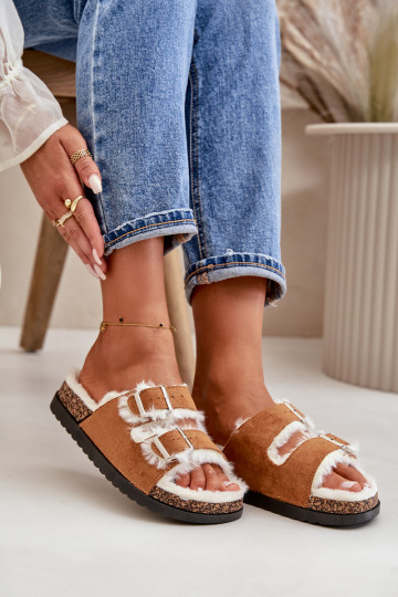 Sieviešu Čības Čības ar sprādzēm Un Kažokādas brūnas krāsas Ezilena