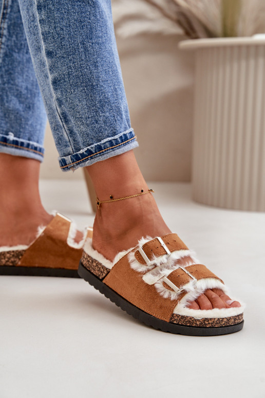 Sieviešu Čības Čības ar sprādzēm Un Kažokādas brūnas krāsas Ezilena