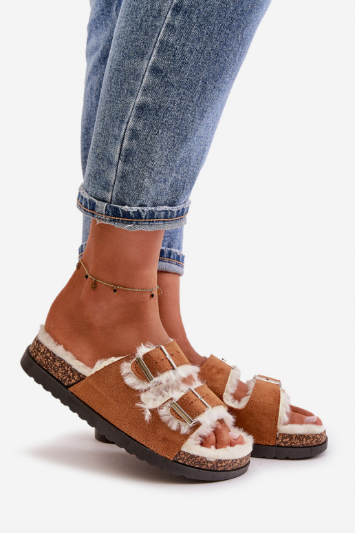 Sieviešu Čības Čības ar sprādzēm Un Kažokādas brūnas krāsas Ezilena