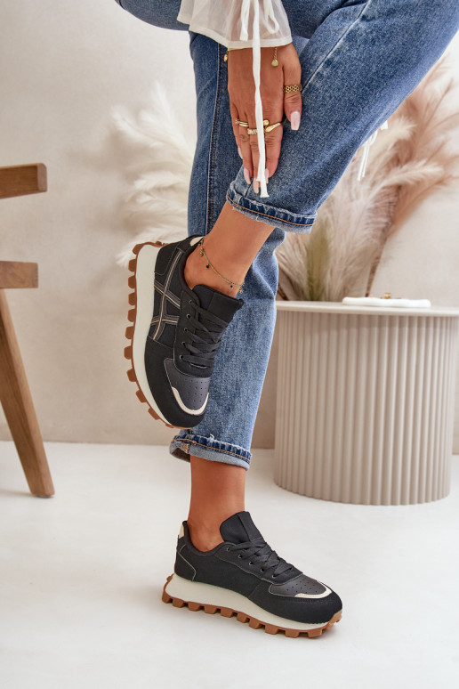 Sneakers modeļa apavi sporta apavi Sieviešu šņorējami ar platformu melnas krāsas Mialunae