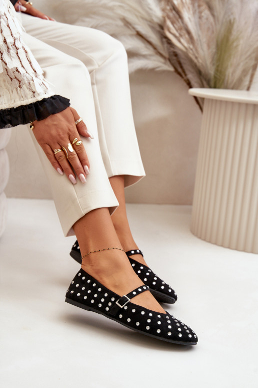 Dekorētas Balerīnas ar siksniņām Eko zamšādaoIne melnas krāsas Tirilissa