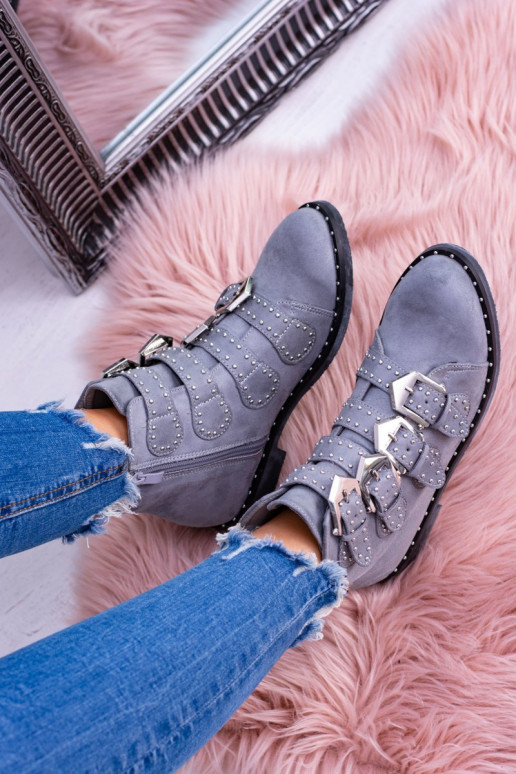 Lu Boo pelēkas krāsas Sieviešu puszābaki Virginia Rock Star ar kniedēm ar sprādzītēm Zamsz Lu Boo pelēkas krāsas Sieviešu puszābaki Virginia Rock Star ar kniedēm ar sprādzītēm Zamsz