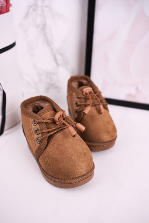 Bērnu apavi šņorējami sniega apavi ar kažokādu brūnas krāsas Hunter