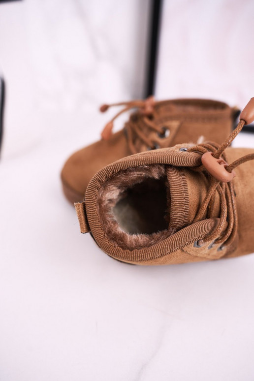 Bērnu apavi šņorējami sniega apavi ar kažokādu brūnas krāsas Hunter