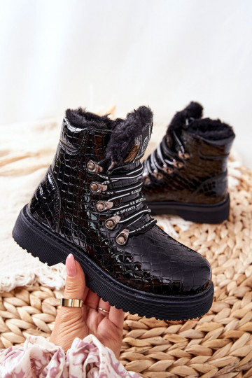 Bērnu apavi siltināti ar kažokādu Sieviešu puszābaki melnas krāsas Doreen 2