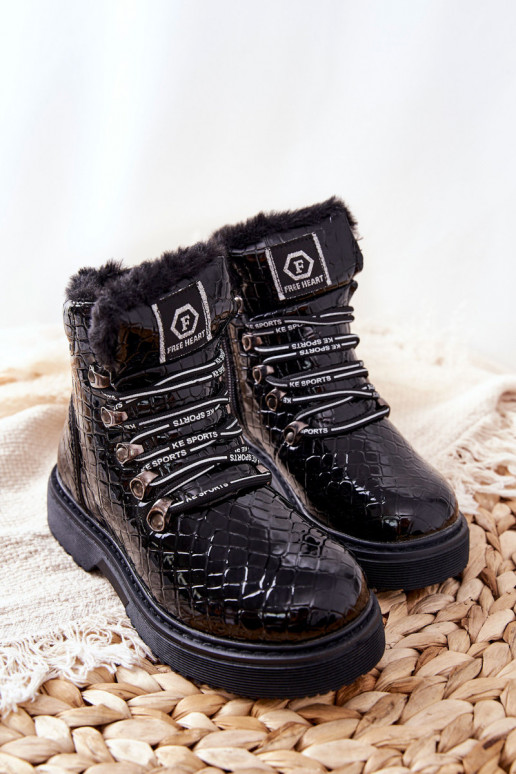 Bērnu apavi siltināti ar kažokādu Sieviešu puszābaki melnas krāsas Doreen