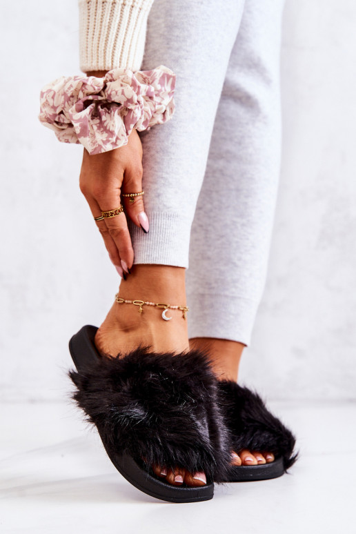 Čības ar kažokādu Gumijas melnas krāsas Pollie Čības ar kažokādu Gumijas melnas krāsas Pollie