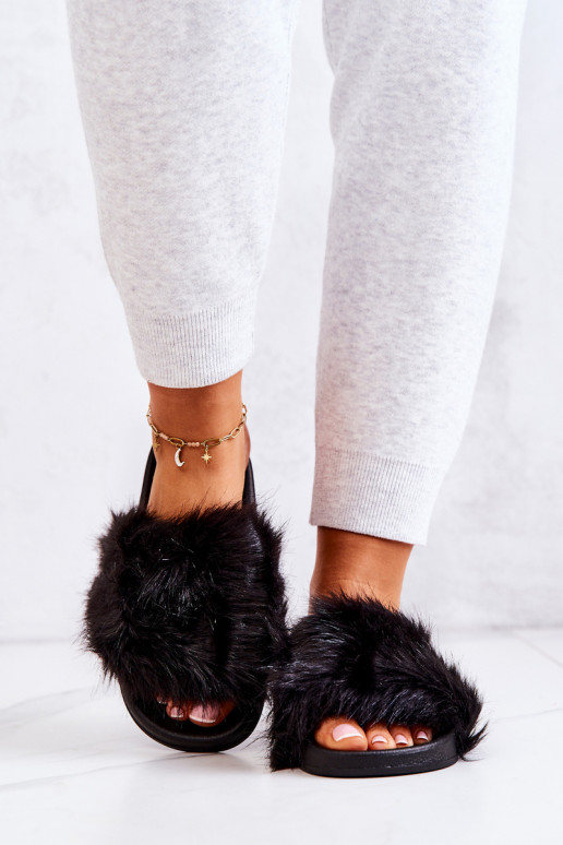 Čības ar kažokādu Gumijas melnas krāsas Pollie Čības ar kažokādu Gumijas melnas krāsas Pollie