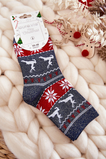Ziemassvētku zeķes spīdīgs Reindeers tumši zilas krāsas 2