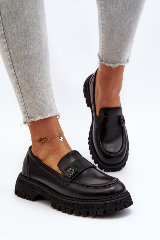 sieviešu mokasīni ar siksniņām melnas krāsas Flanila