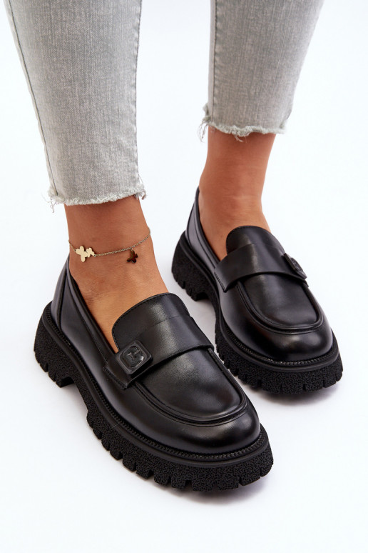 sieviešu mokasīni ar siksniņām melnas krāsas Flanila