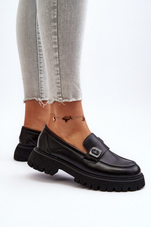 sieviešu mokasīni ar siksniņām melnas krāsas Flanila