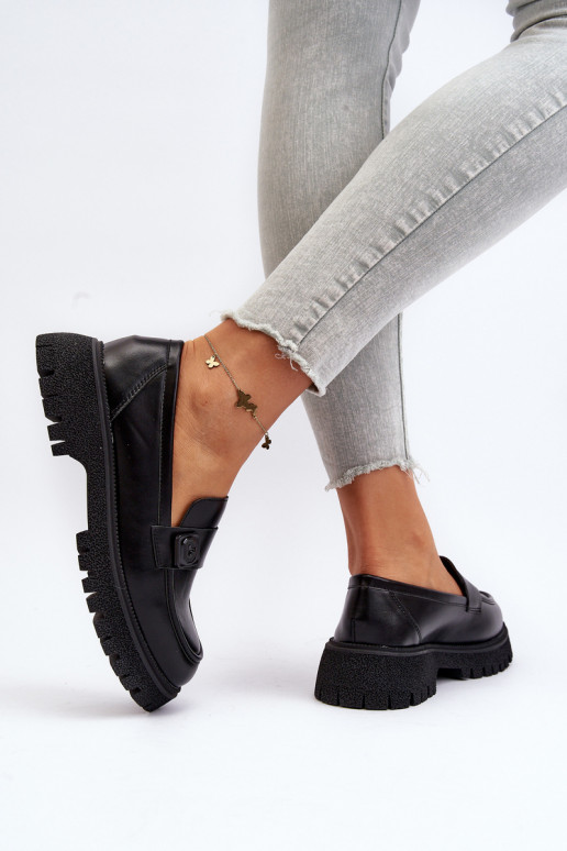 sieviešu mokasīni ar siksniņām melnas krāsas Flanila