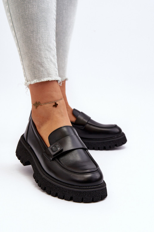 sieviešu mokasīni ar siksniņām melnas krāsas Flanila