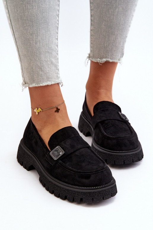 sieviešu mokasīni ar siksniņām melnas krāsas Flanila