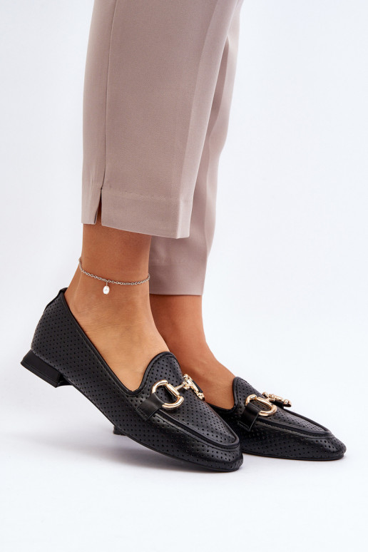 sieviešu mokasīni ar platiem papēžiem ar ornamentiem melnas krāsas Iluvana