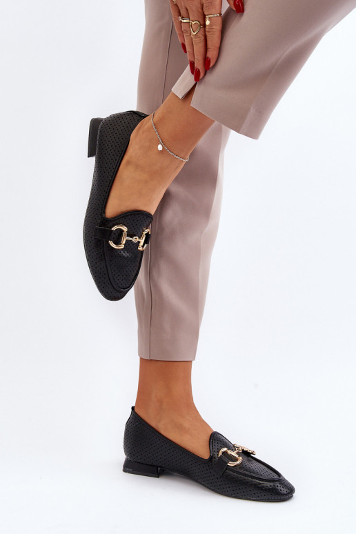 sieviešu mokasīni ar platiem papēžiem ar ornamentiem melnas krāsas Iluvana