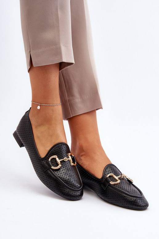 sieviešu mokasīni ar platiem papēžiem ar ornamentiem melnas krāsas Iluvana