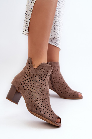 Sieviešu ažūra eko zamšādas zābaki uz augsta papēža ar atvērtiem purngaliem brūna Halania 2