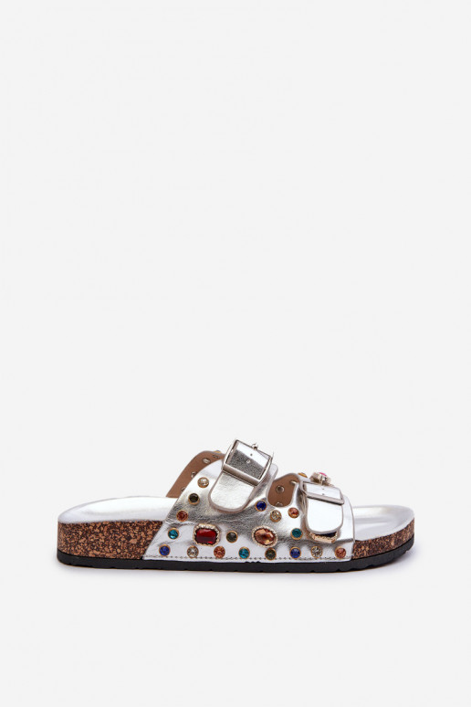 Dekorētas sieviešu čības ar sprādzēm S.Barski MY121 Sudraba krāsas Dekorētas sieviešu čības ar sprādzēm S.Barski MY121 Sudraba krāsas